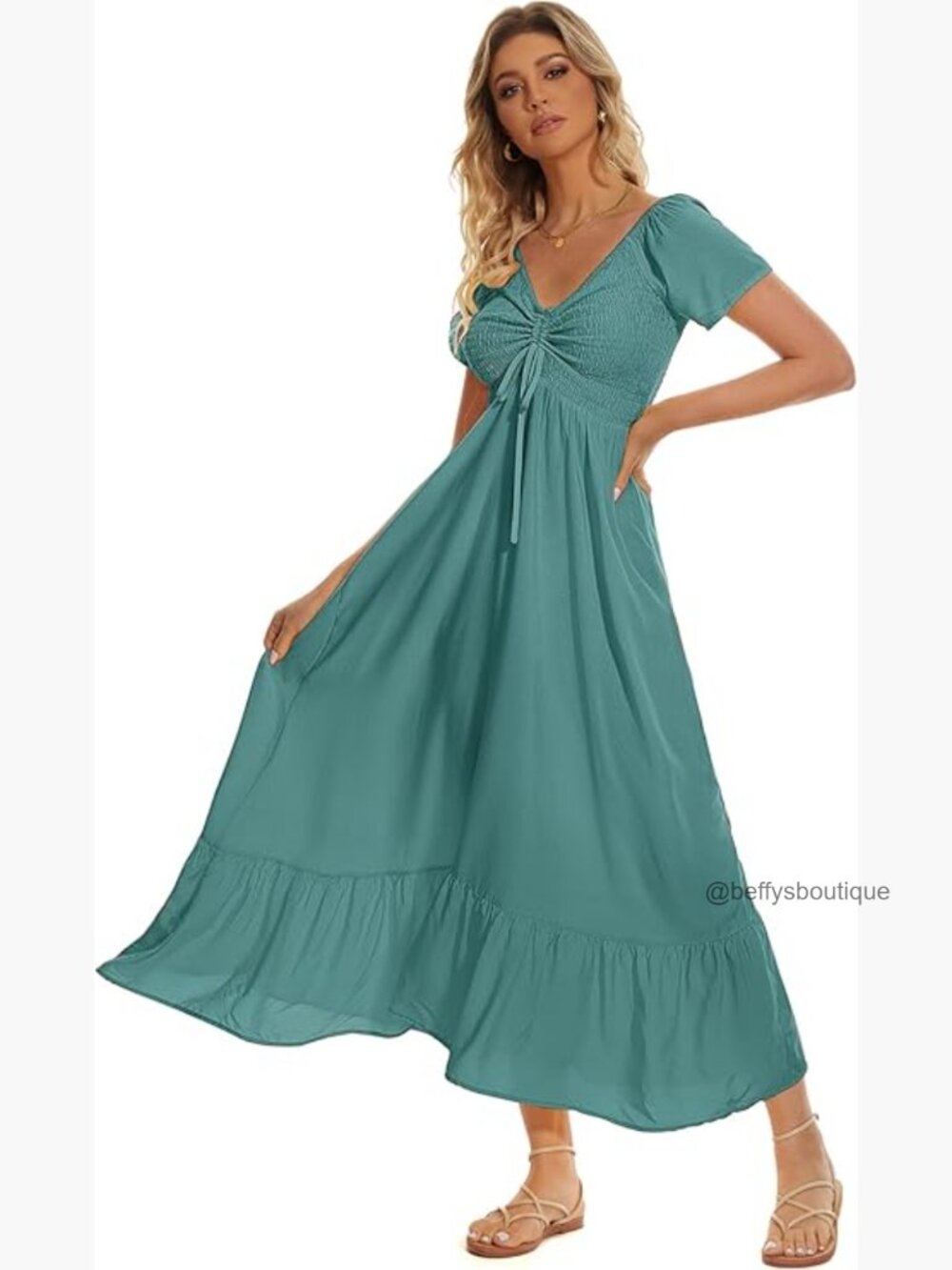 Floral Smocked Maxi Dress, Short Sleeve, Boho Beach Casual
